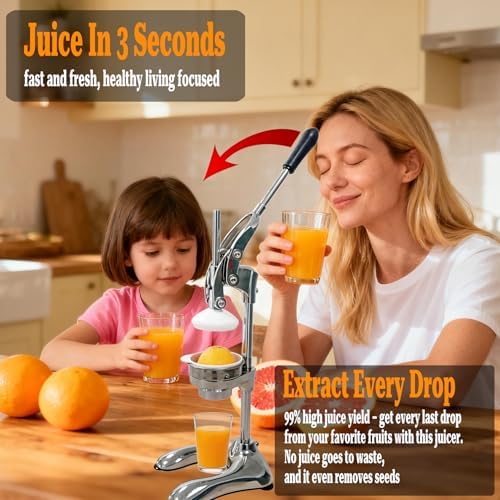 2IN1 Cast Aluminum Manual Citrus Juicer Hand Press,Upgraded of Iron,Funnel Cone in 304 Stainless Steel,H 17.72inch,Orange Lemon Pomegranate Squeezer Machine Heavy Duty,Electroplate Surface(Silver) - Image 6