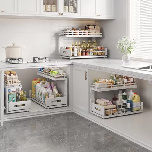 Under Sink Organizer Upgrade To Professional Rails,2-Tier Dual Pull Out Cabinet Storage,Height Adjustable Slide Out Drawers For Bathroom Kitchen,2 Pack-18.5"Dx12.8"-16.9"H,White - Image 7