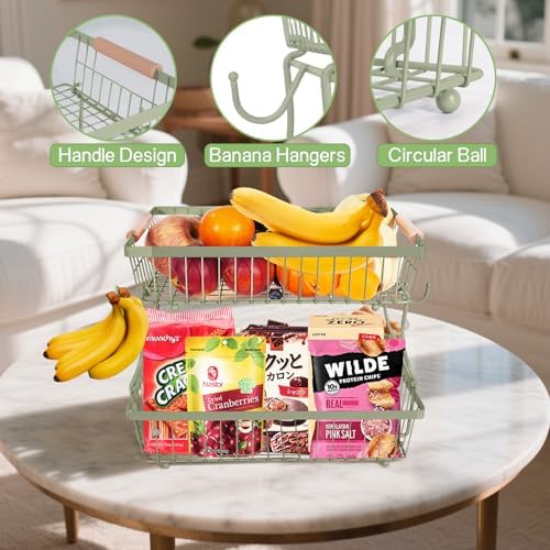 Fruit Basket Bowl 2 Tier Detachable with 2 Banana Hangers, Fruit Stand Holder for Kitchen Countertop, Metal Wire Vegetable Storage Organizer, for Bread Snack Veggies Produce,green - Image 6