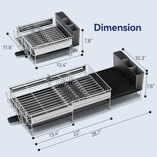 Stainless Steel Dish Drying Rack - Expandable Dish Racks for Kitchen Counter Organizer with Drain Board, Detachable Utensil & Cup Holder, Dish Drainer for Small Kitchen Counter, Black - Image 6