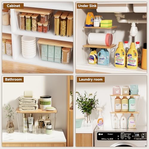 Criusia 2 Set Pantry Organizers and Storage with Bamboo Lids, Stackable Clear Bins for Onion, Potato, Fruit, Vegetables, Trash Bag Dispenser, Kitchen and Under Sink Organizer - Image 6