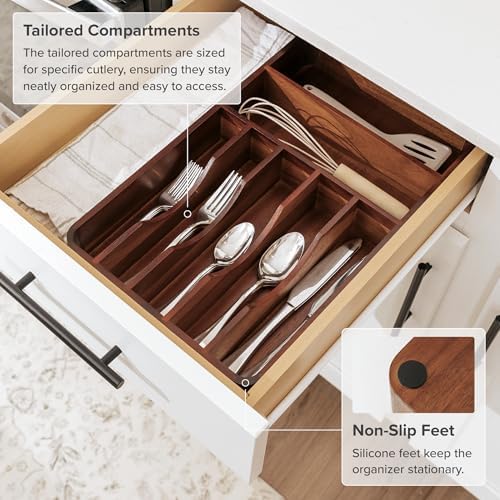 KitchenEdge Silverware & Utensil Organizer, Fixed 10.5 in, Acacia | Cutlery, flatware holder, rounded corners, 7 compartments, non-slip feet, kitchen drawers - Image 6