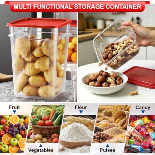 4Pack - 8QT Food Storage Containers with Lids & Handles, Polycarbonate Clear Airtight Food Container with Scale Marks for Bread Proofing, Flour, Commercial Grade, Restaurant & Kitchen, Square, Red - Image 6