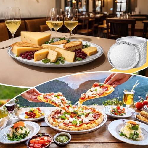 Patelai 50 Pcs 12 Inch Disposable Pizza Pans Aluminum Pizza Pan Round Aluminum Foil Serving Tray Silver Serving Platters for Baking Cooking Storage Cake, Chocolate Cookies, Pie, Vegetables - Image 6