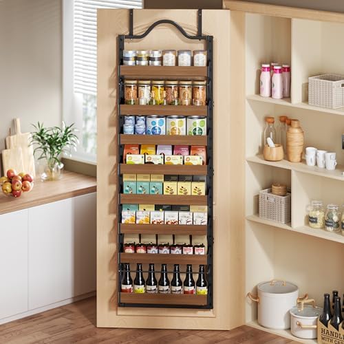 8-Tier Pantry Door Organizer, Over the Door Pantry Organizer with Wooden Adjustable Baskets, 2 IN 1 Spice Rack Wall Mount or Door Organizer, Door Spice Rack for Pantry(72.6×17.1×5.1in,Black) - Image 6