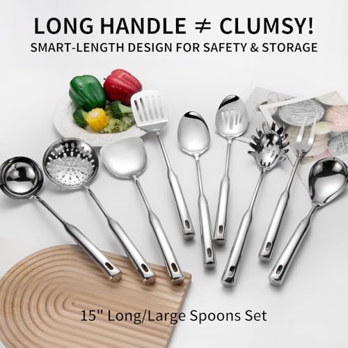 Izurok Kitchen Utensil Set, 9-Piece Cooking Utensil Set,Include 304 Stainless Steel Spatula Skimmer, Soup Ladle, Spaghetti Server,Slotted & Solid Spoon, Slotted Spatula Turner, Meat Fork(Silver) - Image 7