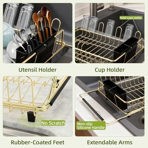 Golden Expandable Dish Drying Rack-Extra Large Stainless Steel Dish Drainer Over The Sink for Kitchen Countertop with Utensil Holder, Applicable for Sink Width 16'-22' (Gold,23.2'*12.2') - Image 6