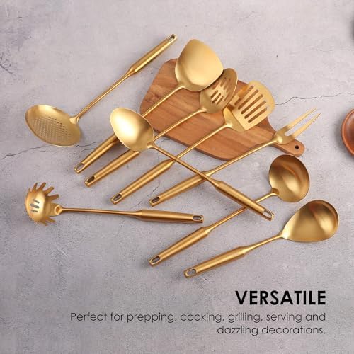 Gold Kitchen Utensils Set - 15" All Metal Cooking Tools Set of 9 | 18/10 Stainless Steel Cooking Utensils - Fork, Solid/Slotted Spoon, Spatula, Ladle, Skimmer, Turner, Pasta Spoon, Large Spoon - Image 6