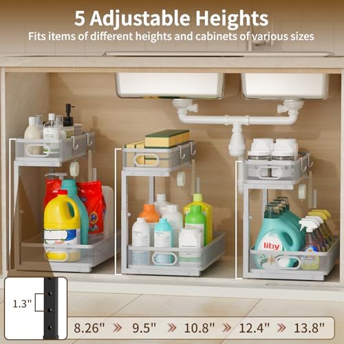 Under Sink Organizer 2 Pack, 2-Tier Slide Out Cabinet Organizer with Metal Sliding Drawer and Hooks, Pull Out Storage Baskets for Kitchen Bathroom Pantry Cabinet Organization (grey) - Image 6