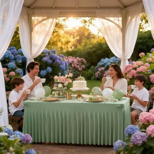 Wish Care 2 Pack Sage Green Spandex Table Clothes for 4 Foot Rectangle Tables, 4FT Wrinkle Free Fitted Tablecloths Ruffles Design Table Cloth for Party, Banquet, Wedding and Events - Image 7