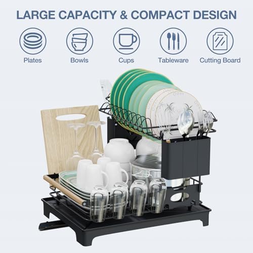 2-Tier Dish Rack Large Capacity Dish Drying Rack for Kitchen Counter Anti-Rust Dish Strainer with Drainboard, Cup Holder, Utensil & Cutting Board Organizer, Heavy Duty Metal, Black - Image 6
