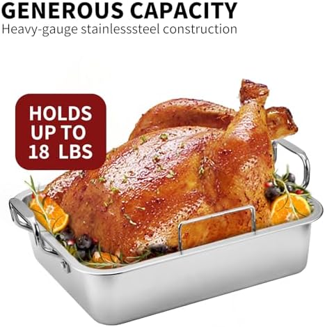 QPMR Roasting Pan with Cooling Rack - Stainless Steel Large Turkey Roaster Pan for Turkey, Chicken, Ham Roaster with V-Shaped Baking Rack Heavy Duty Dishwasher Safe - Image 7
