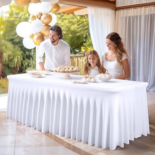 PARTISKY 4 Pack White Spandex Table Cloths for Rectangle Tables 6ft, White Table Skirt for Party, Table Cover with Skirt for Wedding Folding Table Banquet Baby Shower & Birthday Parties - Image 6