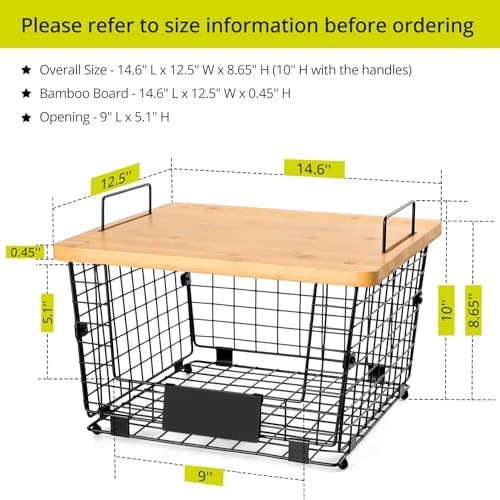 2 Set XXL Stackable Wire Basket with Bamboo Tops & Tag- Pantry Organizer and Storage Bins, Kitchen Counter Cabinet Shelf Countertop Under Sink Organizing, Food Snack Produce Onion Potato Bread Storage - Image 6