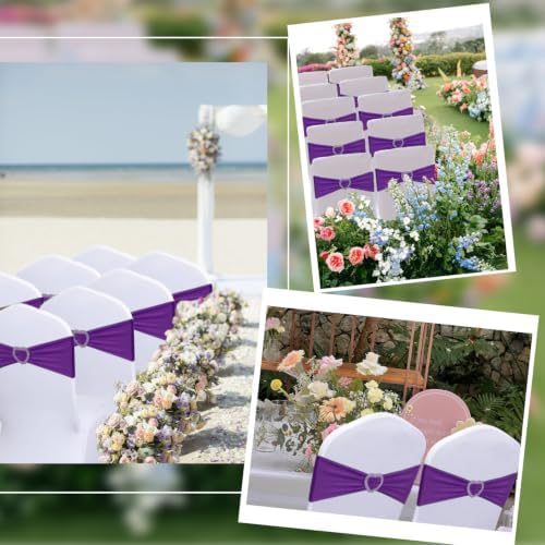 Purple Chair Sashes 60 Pack Spandex Purple Chair Sashes Bows with Heart Buckle Slider for Wedding Banquet Party Decorations - Image 7