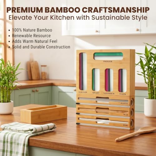9 in 1 Storage Bag Organizer for Kitchen Drawer, Bamboo Foil and Plastic Wrap with Cutter, Ziplock Bag Organizer for Quart, Gallon, Sandwich & Snack Bags - Aluminum Foil Organizer - Image 7