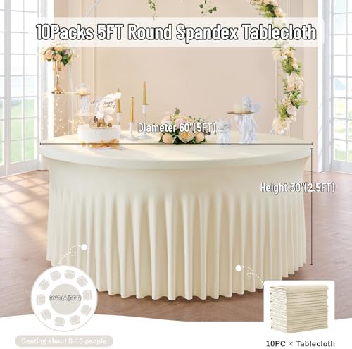 leegleri 10 Pack 60Inch Ivory Spandex Round Tablecloths, Stretchy 120inch Fitted 5FT Round Table Cloths, Wrinkle Free Table Cover with Skirt for Wedding Party Dining Banquet - Image 6