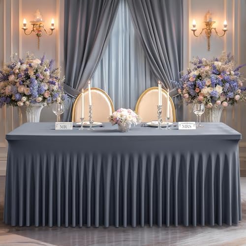 Wish Care 2 Pack Gray Spandex Table Clothes for 8 Foot Rectangle Tables, 8FT Wrinkle Free Fitted Tablecloths Ruffles Design Table Cover for Party, Banquet, Wedding and Events - Image 7