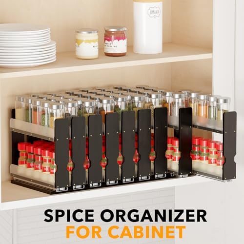 SpaceAid Bamboo Pull Out Spice Rack Organizer for Cabinet, Heavy Duty Slide Out Seasoning Kitchen Pantry Sliding Vertical Organization, 7.6" Wide, 3 Drawers(2" Wide), 2-Tier, Black - Image 6