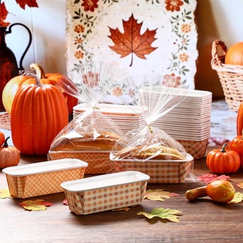 Hushee 50 Sets Fall Paper Loaf Pan 6.3 x 2.2 x 2.2 Inch Disposable Cake Pan Liners with Clear Plastic Bags and Ties Rectangle Paper Baking Mold for Thanksgiving Autumn Bread Cake Bakery(Plaid) - Image 6