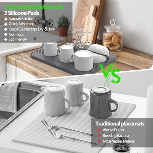 2 PCS Stone Dish Drying Mat & Silicone Mat for Kitchen Counter – Diatomaceous Earth Bath Mat for Bathroom, 16.14"L×12.4"W×2 Quick Dry Mats for Dishes ,Bottles, Cups, Match Any Countertop(Gray) - Image 7