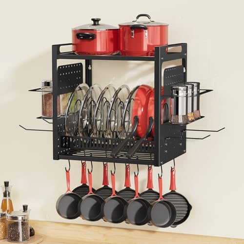 Wall Mounted 16" Pot Rack,2 Tier Kitchen Pots & Pan Organizer with 10 Hooks | Spice Rack & Pot Lid Holder, Heavy Duty Steel Pot and Pan Hanger for Kitchen Cookware Utensils Storage - Image 6