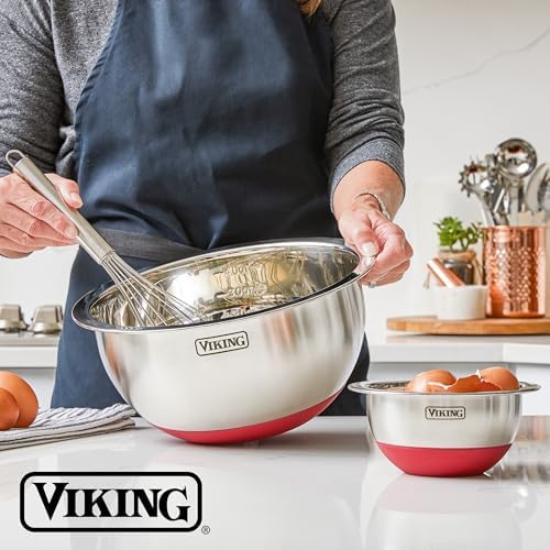 Viking Mixing Bowls Set, 10 Piece Stainless Steel Kitchen Cookware, Non-Slip Silicone Base, Includes Tight Fit Lids, Dishwasher Safe, Red - Image 6