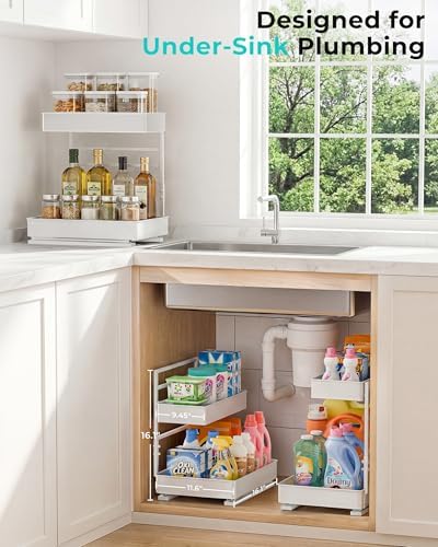 EVERIE Height Adjustable 2 Tier Metal Pull Out Slide Shelf Organizer for Framed or Frameless Under Sink Cabinets in Kitchen, Bathroom, with Snap-on Top Tray (White, 2 Sets) - Image 6
