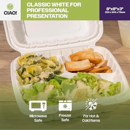CIAO! 8"x8"x3" MFPP White Hinged Container With Lid 3 Compartment (Case of 200) - Image 6