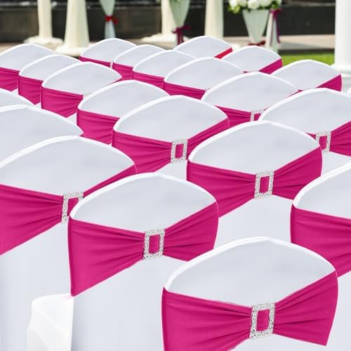 Joccun 60 PCS Spandex Chair Sashes Bows Stretch Chair Cover Band with Buckle Slider Universal Elastic Chair Ties for Wedding Banquet Party Event Decoration (Fuchsia) - Image 7