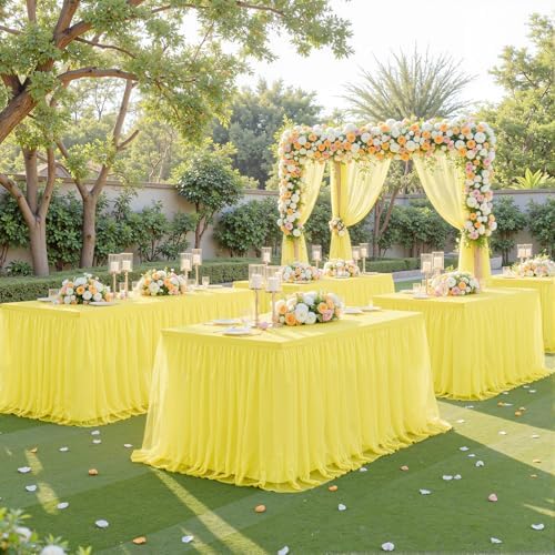 Yellow Tulle Tablecloth for 8 Foot Rectangular Tables 8ft Yellow Rectangle Table Cloth Wrinkle Free Table Cover with Tutu Skirt for Birthday Cocktail Banquet Buffet Lemon Citrus Fruit Party Decoration - Image 6