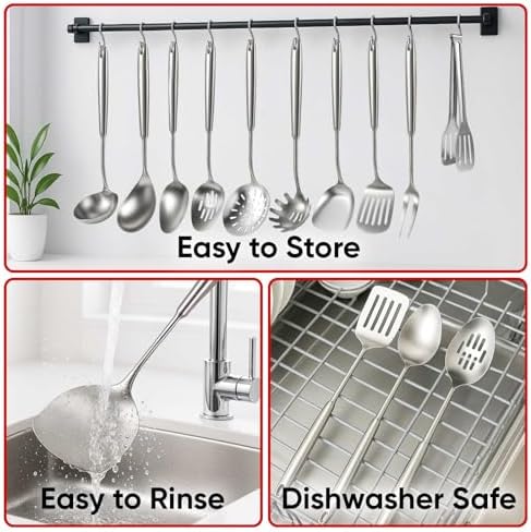 Newness 16 Pcs Cooking Utensils Set, 304 Stainless Steel Kitchen Utensils Set, Metal Kitchen Accessories, Include Soup Ladle, Slotted Skimmer Spoon, Spaghetti Spoon and Spatula, Dishwasher Safe - Image 6