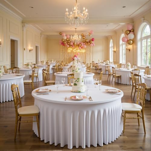 Outpain 2 Pack White Round Spandex Tablecloths for 60in Tables, 120Inch Stretchy Fitted 5FT Round Table Clothes,Wrinkle Free Table Cover with Skirt for Wedding Party Banquet Baby Shower - Image 6