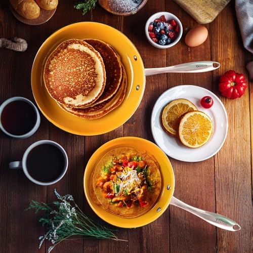 Non Stick Frying Pans - Tuxton Home Concentrix 2-Piece Stainless Steel Pan Set - Stove & Oven Compatible 8-inch & 11-inch Ceramic Frying Pan with Riveted Handles - Saffron Yellow Nonstick Pan Set - Image 6