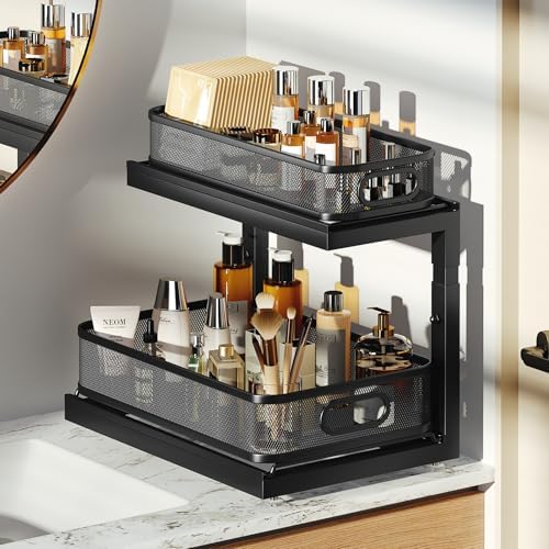 2-Pack Under Sink Storage Organizer with 2-Tier Slide Out Drawer, Sophisticated Mesh Pull Out Shelf for Kitchen & Bathroom, Fits Small Items, Upgraded Arched Track for Smooth Gliding(Patented) - Image 7