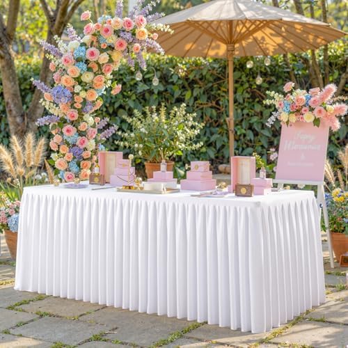 White Polyester Table Cloths for Rectangle 8 Foot Tables, 6 Pack Wrinkle Free Tablecloths Stretchy Banquet Ruffle Fitted Table Cover Desk Skirt for Parties Wedding Birthday Baby Shower - Image 7