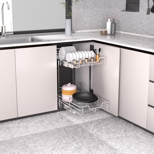 EZKAZA Pull Out Cabinet Organizer 17.5" W x 21" D, 2-Tier Kitchen Cabinet Pullout Shelf and Drawer Organizer Slide Out Pantry Storage Basket, 16.2" W x 21" D x 2.4" H for Bottom Basket Size - Image 7