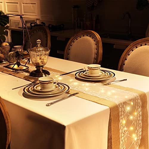 Xinnun 6 Pcs Burlap Table Runner with Lights 12 x 108 Inches Burlap Lace Table Runner Rustic Wedding Decorations Home Party (Vine) - Image 6