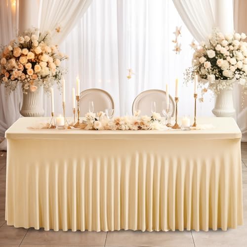 Wish Care 6 Pack Champagne Spandex Table Clothes for 8 Foot Rectangle Tables, 8FT Wrinkle Free Fitted Tablecloths Ruffles Design Table Cover for Party, Banquet, Wedding and Events - Image 6