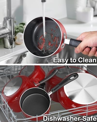 Cook N Home Basic 2 Quart Nonstick Saucepan with Glass Lid, Small Non Stick Aluminum Sauce Pan, Multi-Purpose Milk Chocolate Cooking Pot with Stay-Cool Handle, Marble Red - Image 6