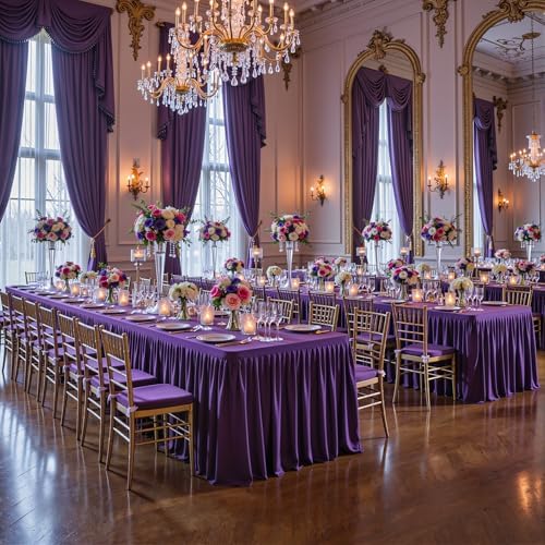 PARTISKY 1 Pack Purple Tablecloths for Rectangle Tables 8ft, Wrinkle Resistant Spandex Table Cover Fitted Stretch Table Cloth with Pleated Ruffle Skirts for Party Banquet Dining Birthday Wedding - Image 7