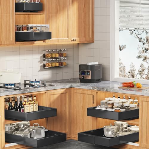 Seinloes 4 Pack Expandable (9"-14") Pull Out Cabinet Organizer 21" Deep With Raising Pad for Framed Cabinets,Upgrade 3 Slide Rails Slide Out Drawers,No Drill Roll Out Shelves Adhesive,Black - Image 7