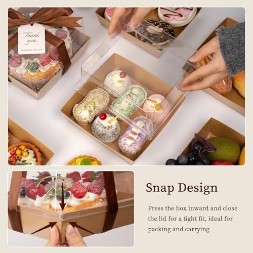 7 x 7 x 4 Inches Paper Cake Boxes with Clear Lids, 50 Pack Brown Charcuterie Boxes Large Square Food Containers, Disposable Bakery Boxes for Valentine's Day 4-6 Inch Bundt Cake, Pie, Dessert - Image 6