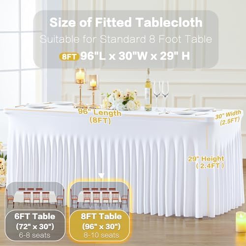 6 Pack White Table Cloth for 8 Foot Rectangle Tables Spandex Fitted Tablecloth 8ft Stretch Table Covers Skirt White Banquet Tablecloths Wrinkle Free Tablecloth for Party Wedding Birthday Event - Image 7