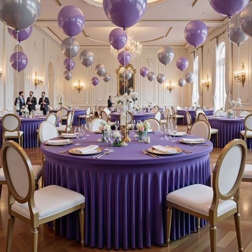 leegleri 6 Pack Spandex Purple Round Tablecloths for 60in Tables, Stretchy 120inch Fitted 5FT Round Table Cloths, Wrinkle Free Table Cover with Skirt for Wedding Birthday Party Bridal Shower Banquet - Image 7