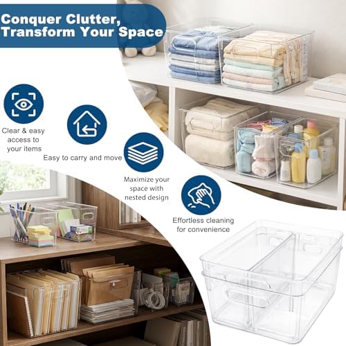 MOONEDGE 8 Pack Clear Plastic Storage Organizer Bins, 4 Large & 4 Narrow - Image 6