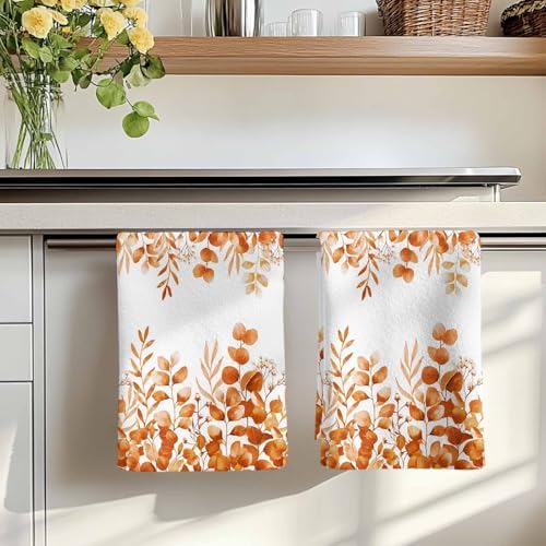 Orange Eucalyptus Kitchen Towels Set of 3, Absorbent Dish Towels for Kitchen, Botanical Summer Leaves Country Floral Microfiber Hand Towel, Quick Drying Tea Towel for Cleaning Decorative Dishcloths - Image 7