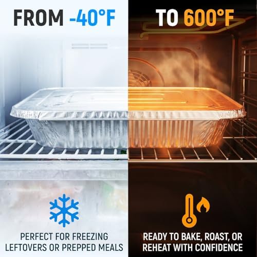 Aluminum Pans With Lids - 9" x 13" Half Size Foil Pans with Lids, Pack of 50 Pans and 50 Lids, USA-Made Disposable Aluminum Trays for Chafing Racks - Great for Cooking, Heating, Food Storing - Image 7