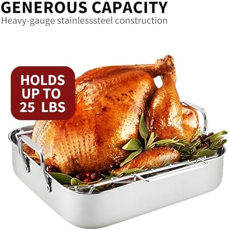 QPMR 16.5inch Roasting Pan with V-Shape Rack - Stainless Steel Large Turkey Roaster Pan for Turkey, Chicken, Ham Roaster with V-Shaped Baking Rack Heavy Duty Dishwasher Safe, Hold up to 22LB - Image 7