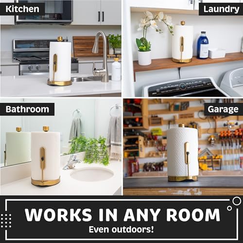 Stainless Steel Tension Arm Paper Towel Holder - Easy One-Handed Operation - This Sturdy Weighted Paper Towel Dispenser Countertop Model Has Suction Cups and Holds All Paper Towel Rolls (Gold) - Image 6